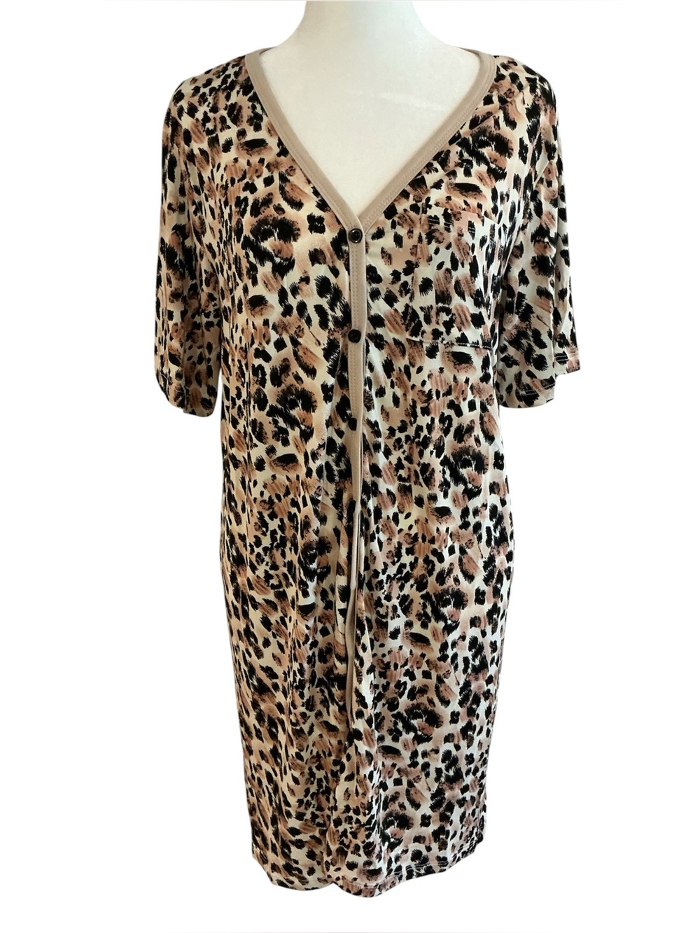 Leopard Print V-Neck Sleep Dress Beige/Black/Cream Medium NWT